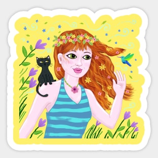 The cat, the hummingbird, and the pretty girl Sticker